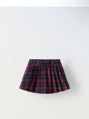 Zara Red & Navy Plaid Pleated Mini Skirt with Waist Tie